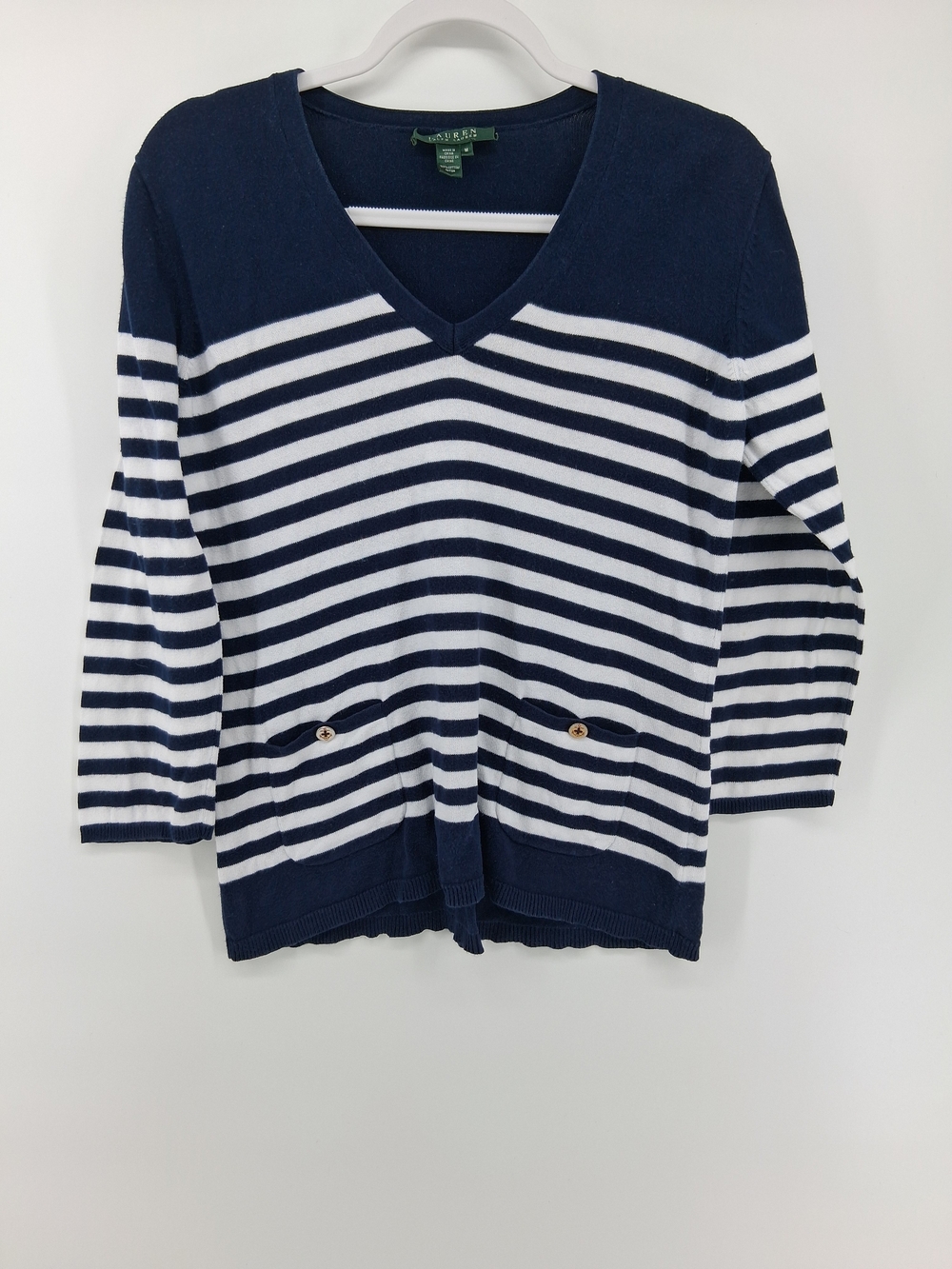 Lauren Ralph Lauren Navy and White Striped V-Neck Sweater with Pocket Detail